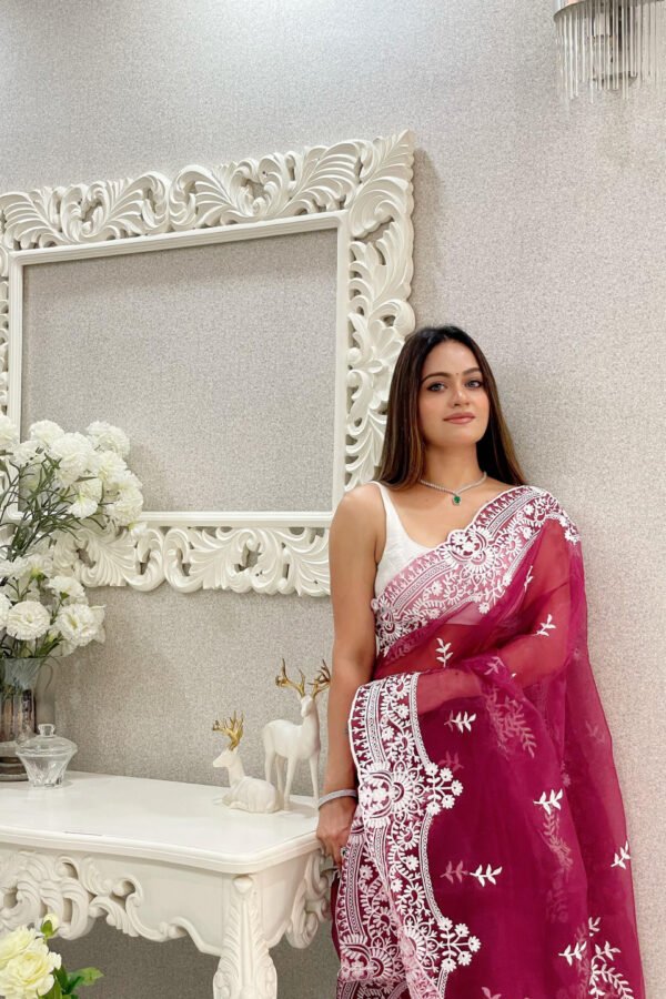 Maroon Color Organza Silk Saree With Embroidery Work