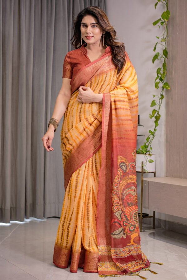 Multi Kalamkari Digital Printed Linen Cotton Saree