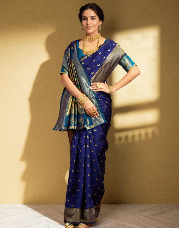 Traditional Navy Blue Chand Design Paithani Silk Saree With Zari Weaving Work - Image 2