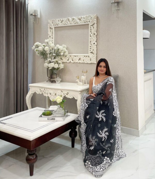 Black Color Organza Silk Saree With Embroidery Work - Image 2