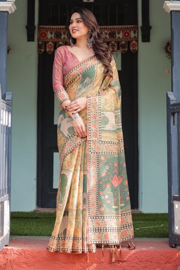 Light Yellow Soft Linen Cotton Saree With Kalamkari Printed Work