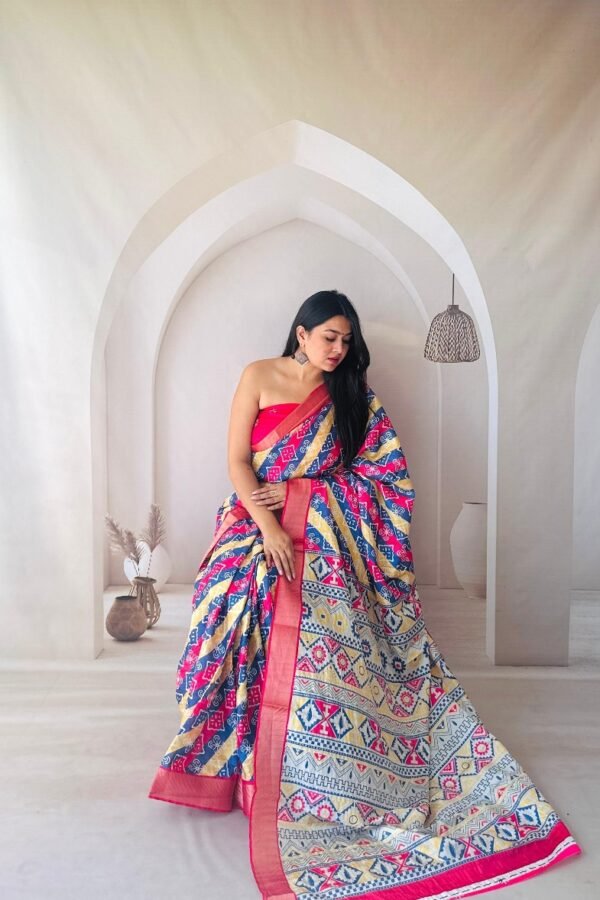 Blue Flowy Dola Silk Saree With Digital Printed Work
