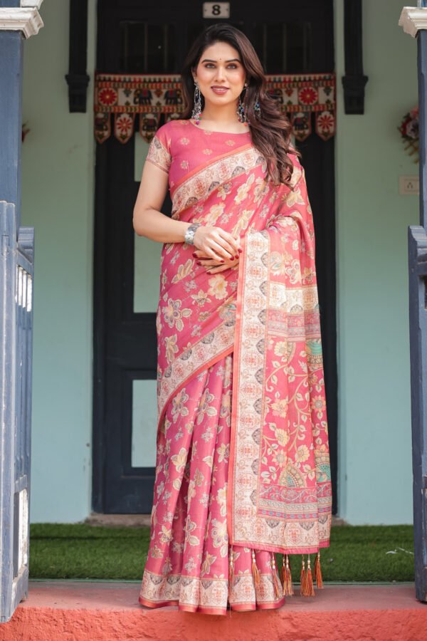 Gajari Soft Linen Cotton Saree With Kalamkari Printed Work