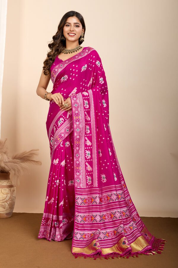 Pink Traditional Muslin Dola Silk Saree With Meenakari Zari Weaving Work
