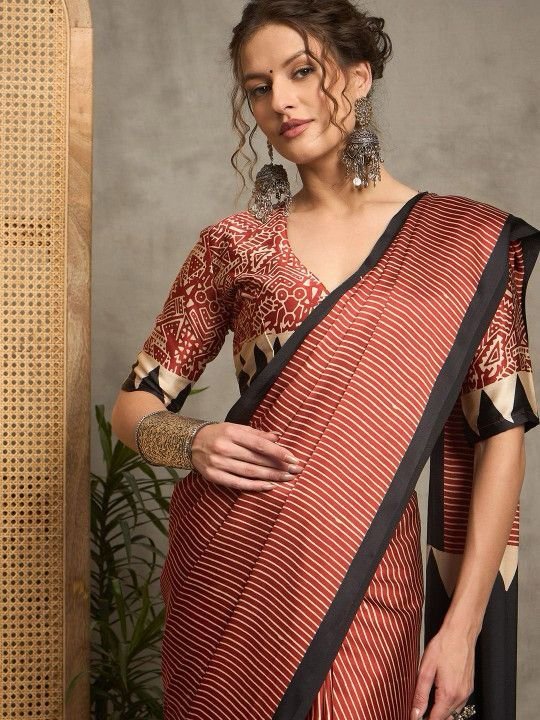 Brown Fancy Ajrakh Printed Crepe Silk Saree
