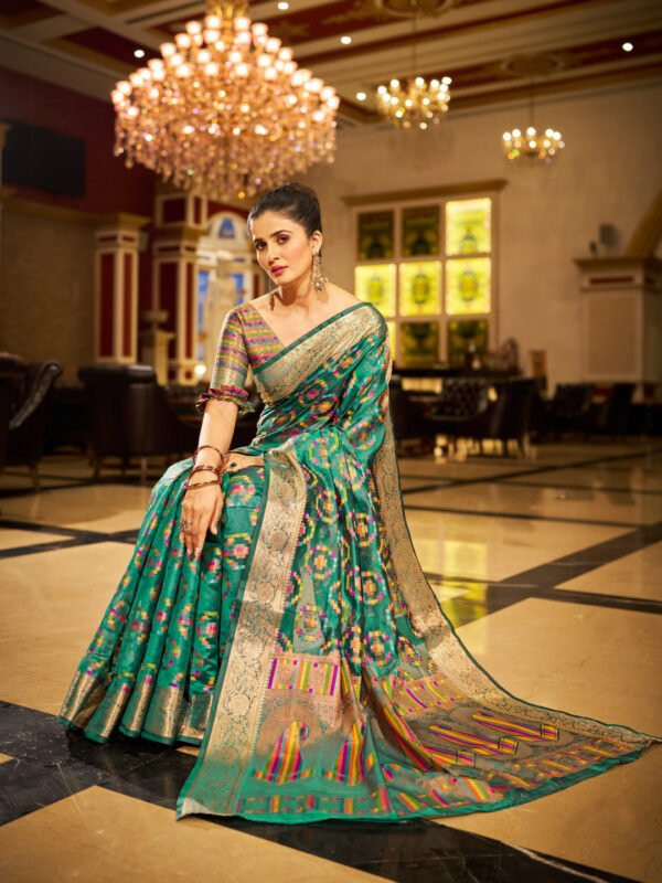 Rama Green Soft Organza Silk Saree With Zari Weaving Work - Image 3