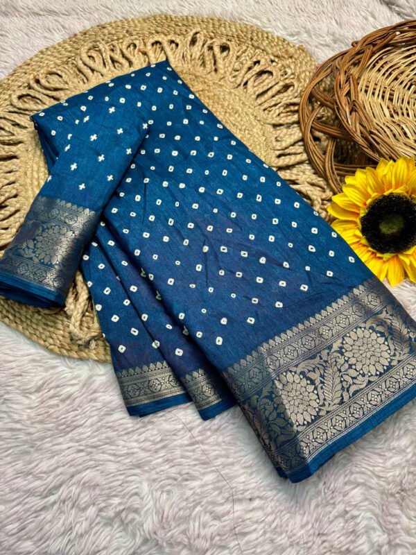 Firoji Dola Silk Bandhej Saree With Zari Border