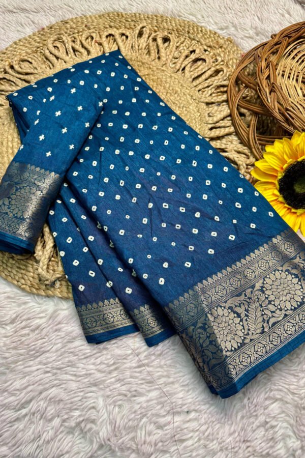 Firoji Dola Silk Bandhej Saree With Zari Border