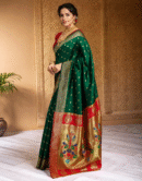 Traditional Green Chand Design Paithani Silk Saree With Zari Weaving Work