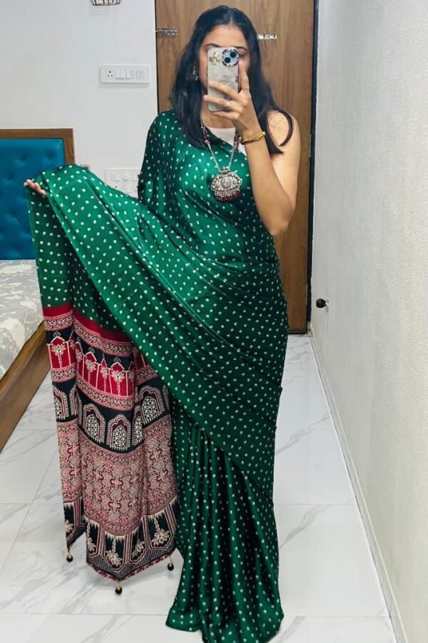 Green Fancy Crepe Silk Saree With Ajrakh Printed Pallu