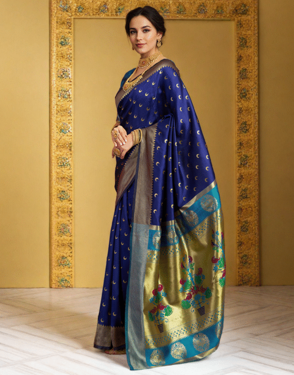 Traditional Navy Blue Chand Design Paithani Silk Saree With Zari Weaving Work - Image 3