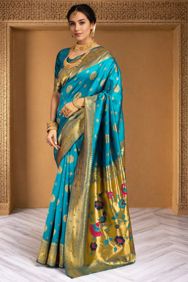 Firoji Paithani Silk Saree With Zari Weaving Work