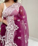 Magenta Color Organza Silk Saree With Embroidery Work