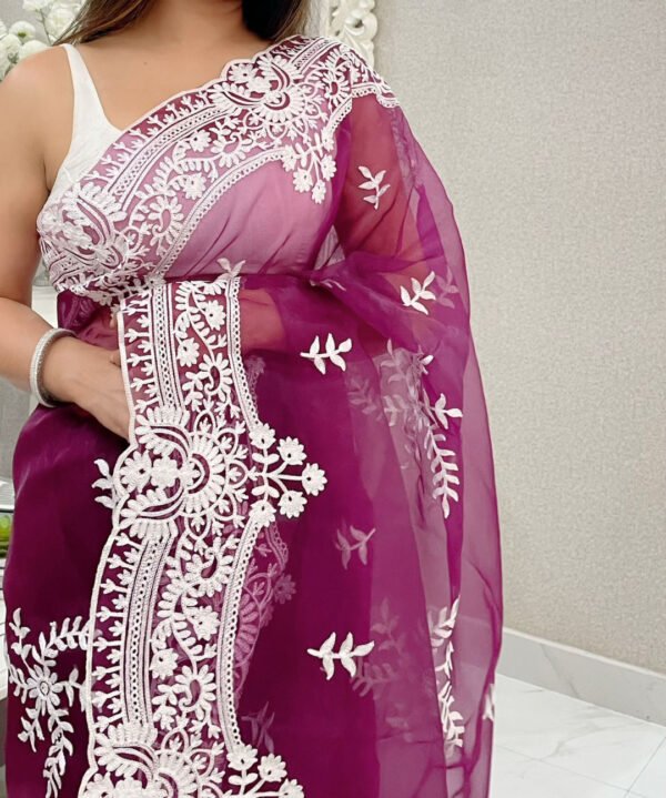 Magenta Color Organza Silk Saree With Embroidery Work - Image 3