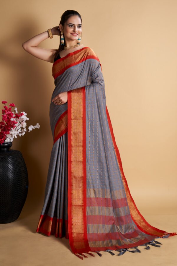 Gray Color Soft Cotton Saree With Zari Weaving Work