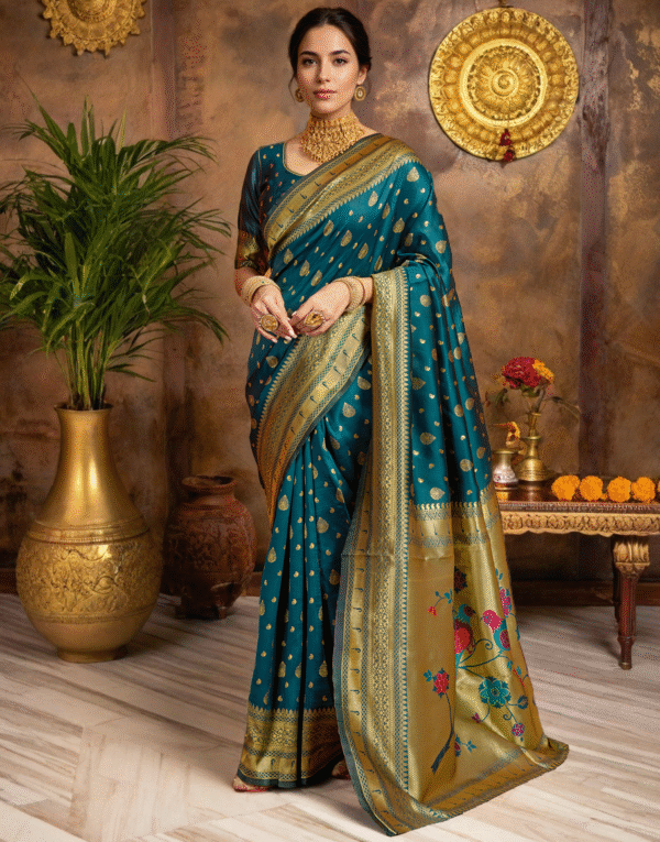 Teal Green Paithani Silk Saree With Zari Weaving Work