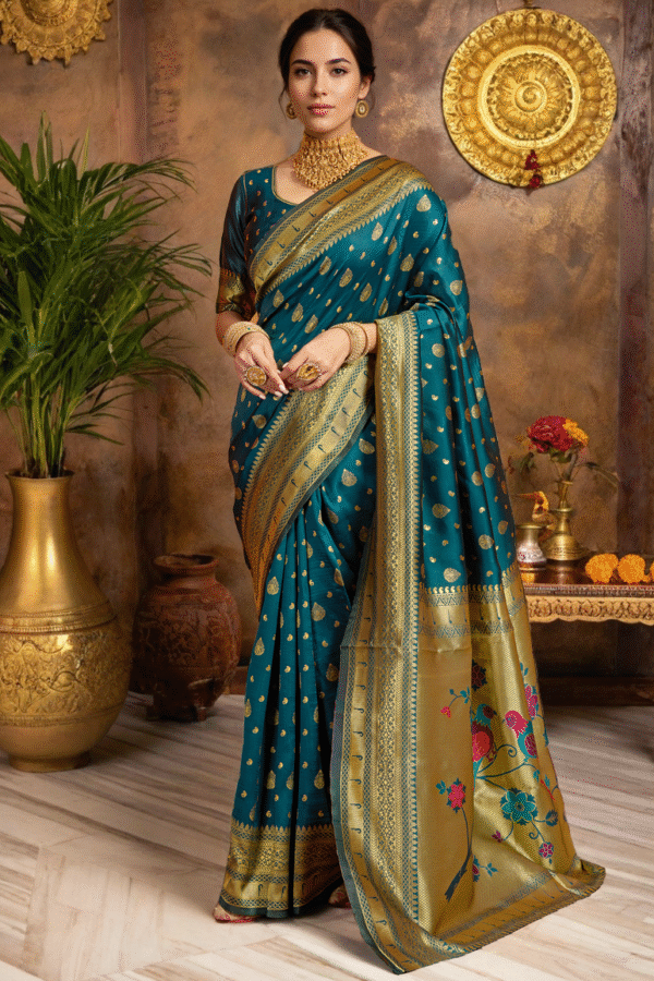 Teal Green Paithani Silk Saree With Zari Weaving Work