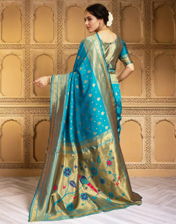 Firoji Paithani Silk Saree With Zari Weaving Work - Image 4