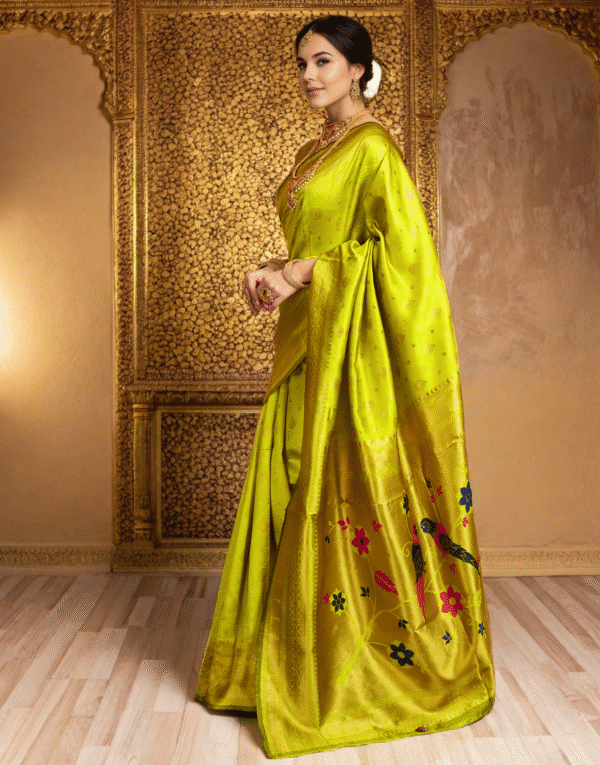 Parrot Green Paithani Silk Saree With Zari Weaving Work - Image 2