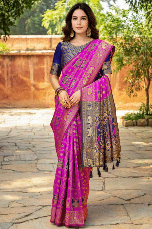 Rani Pink Paithani Silk Saree With Zari Weaving Work