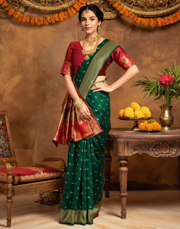 Traditional Green Chand Design Paithani Silk Saree With Zari Weaving Work - Image 3