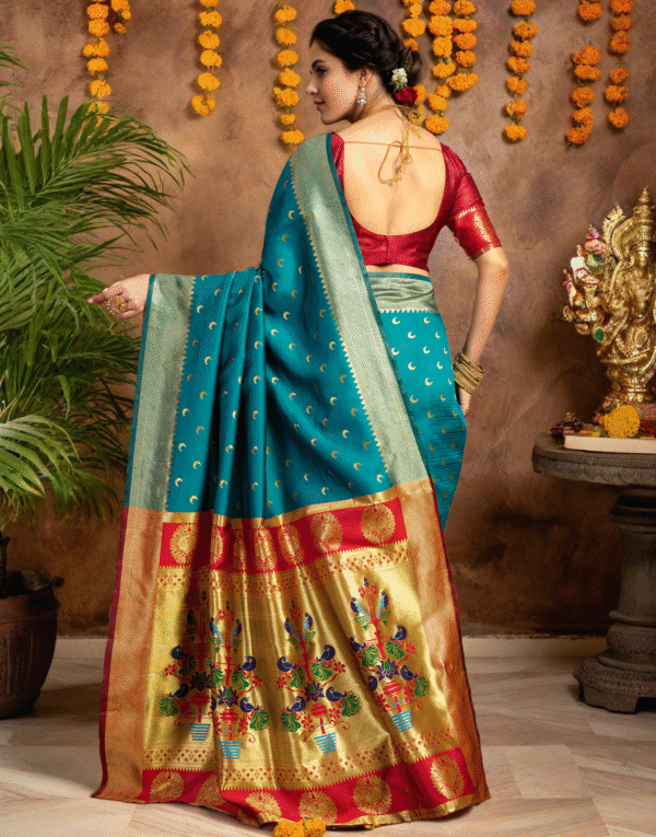 Traditional Firoji Chand Design Paithani Silk Saree With Zari Weaving Work - Image 4