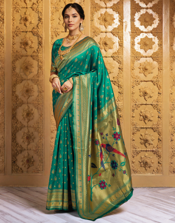 Rama Green Paithani Silk Saree With Zari Weaving Work