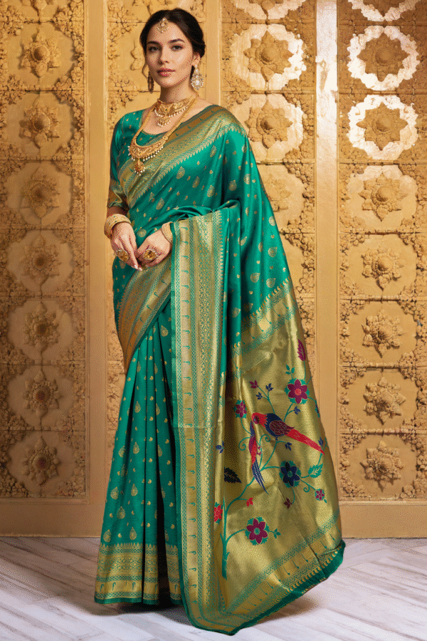 Rama Green Paithani Silk Saree With Zari Weaving Work