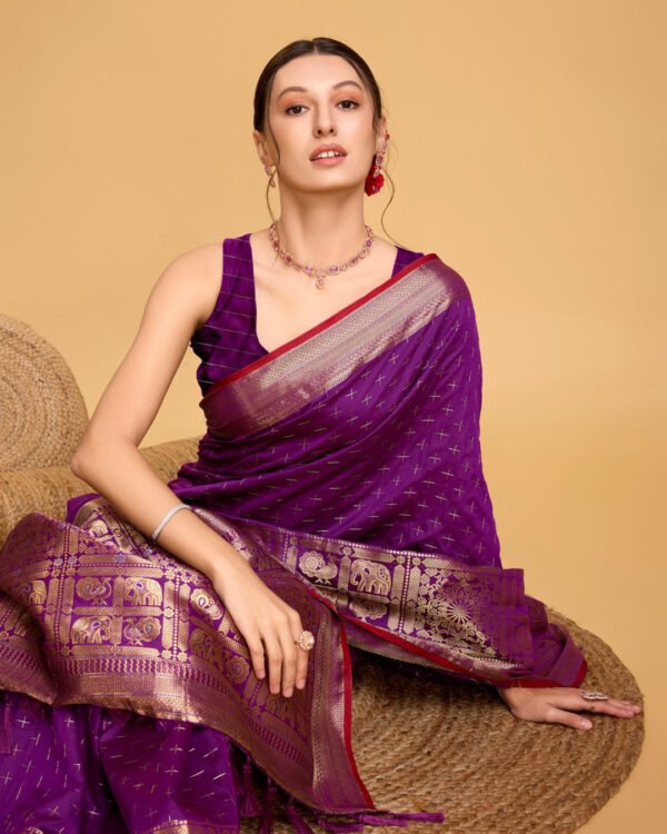 Purple Color Banarasi Silk Saree With Zari Weaving Work - Image 2