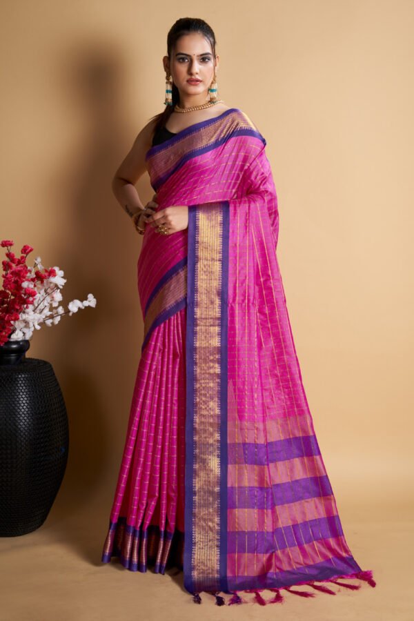 Rani Pink Color Soft Cotton Saree With Zari Weaving Work