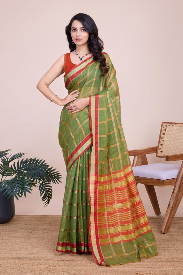 Mahendi Green Kota Doriya Saree With Zari Weaving Work