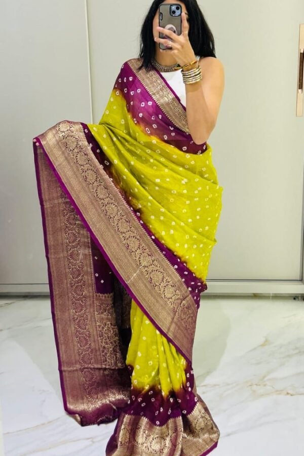 Multi Hand Bandhej Bandhani Saree With Zari Border
