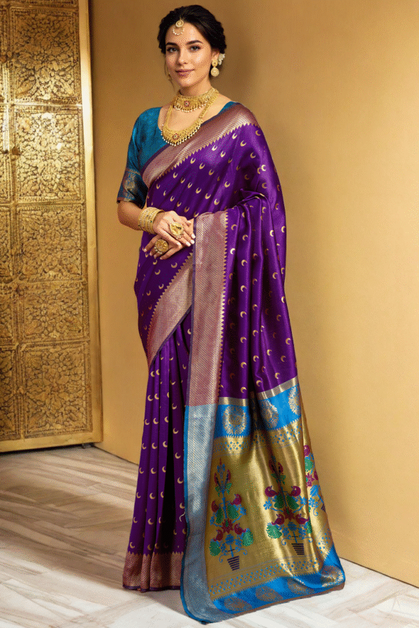 Traditional Purple Chand Design Paithani Silk Saree With Zari Weaving Work