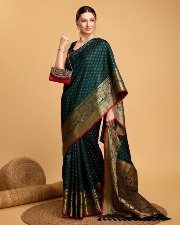 Bottle Green Color Banarasi Silk Saree With Zari Weaving Work - Image 4