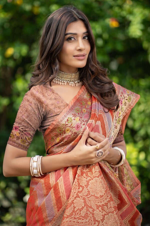 Orange Color Organza Silk Saree With Zari Weaving Work - Image 4