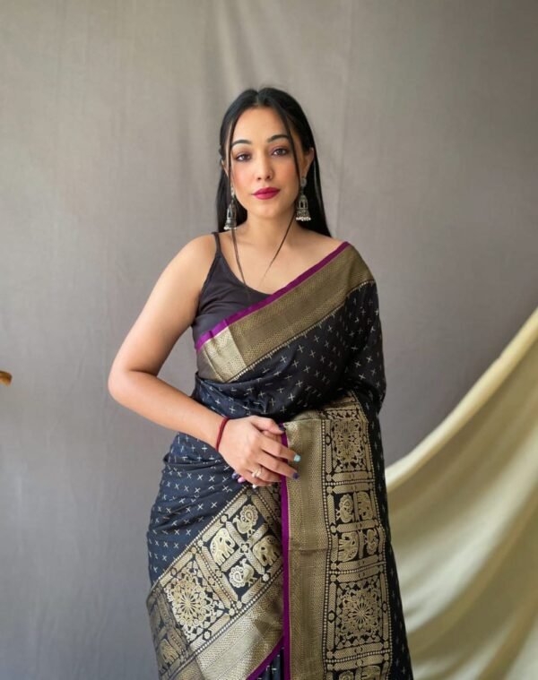 Black Color Banarasi Silk Saree With Zari Weaving Work - Image 2