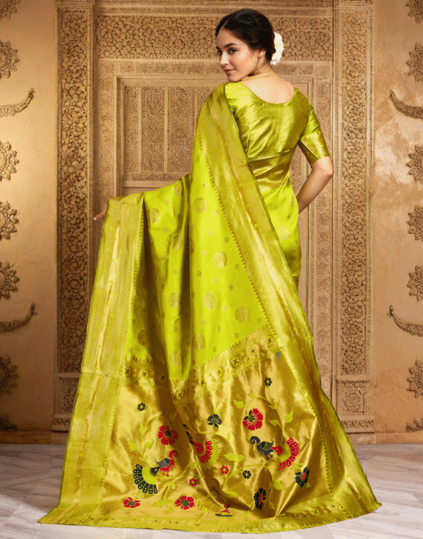 Parrot Green Paithani Silk Saree With Zari Weaving Work - Image 4