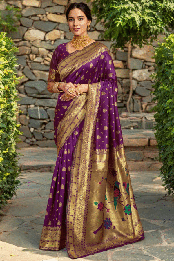 Magenta Paithani Silk Saree With Zari Weaving Work