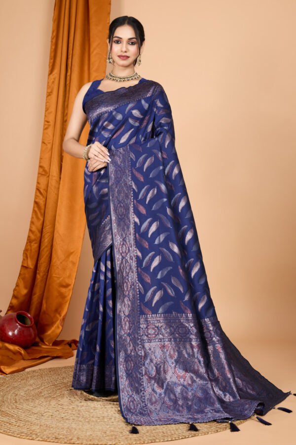 Navy Blue Traditional Banarasi Silk Saree With Zari Weaving Work