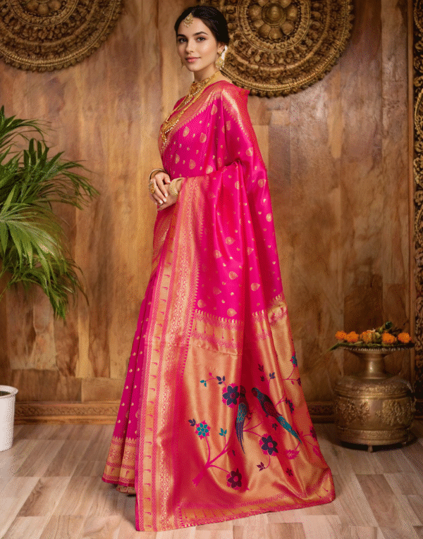 Rani pink Paithani Silk Saree With Zari Weaving Work - Image 3