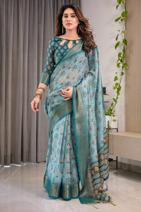 Multi Kalamkari Digital Printed Linen Cotton Saree