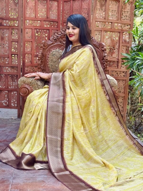 Yellow New Design Digital Printed Soft Dola Silk Saree - Image 3