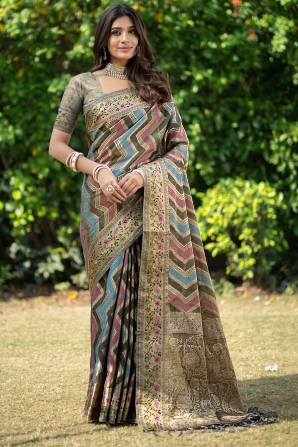 Multi Color Organza Silk Saree With Zari Weaving Work