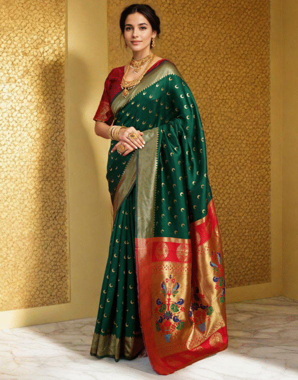 Traditional Green Chand Design Paithani Silk Saree With Zari Weaving Work