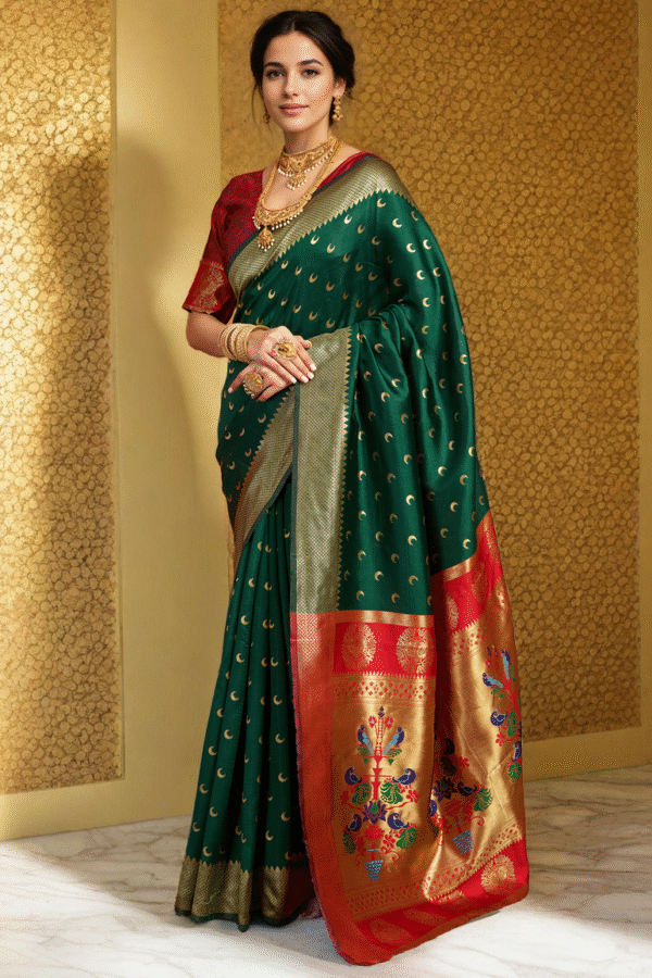 Traditional Green Chand Design Paithani Silk Saree With Zari Weaving Work