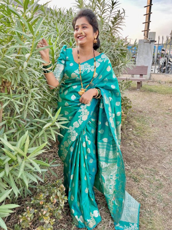 Firoji Color Banarasi Silk Saree With Zari Weaving Work - Image 3