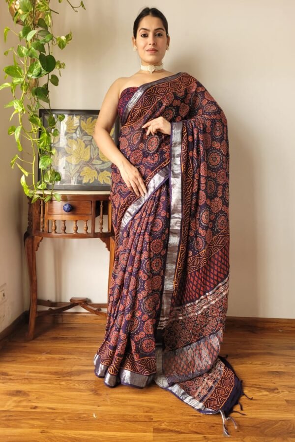 Purple Mix Linen Cotton Saree With Batik Printed Work