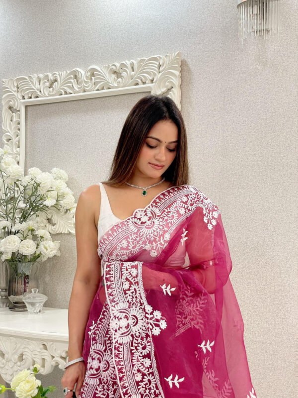 Maroon Color Organza Silk Saree With Embroidery Work - Image 2