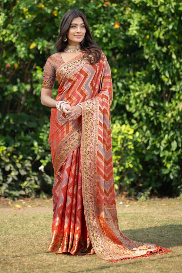 Orange Color Organza Silk Saree With Zari Weaving Work