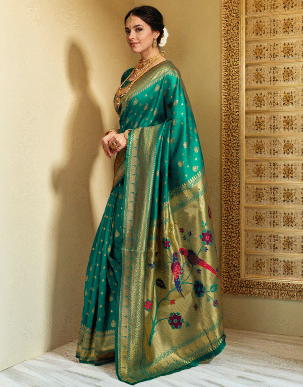 Rama Green Paithani Silk Saree With Zari Weaving Work - Image 3